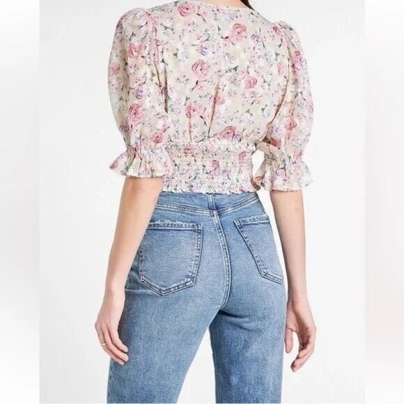 Express Floral Puff Sleeve Smocked V-Neck Cropped Top Coquette Cottagecore SM - Picture 5 of 16
